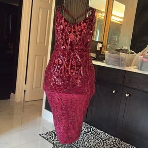 Tatyana burgundy fitted Midi Dress sequins rockabilly pinup Hollywood glam